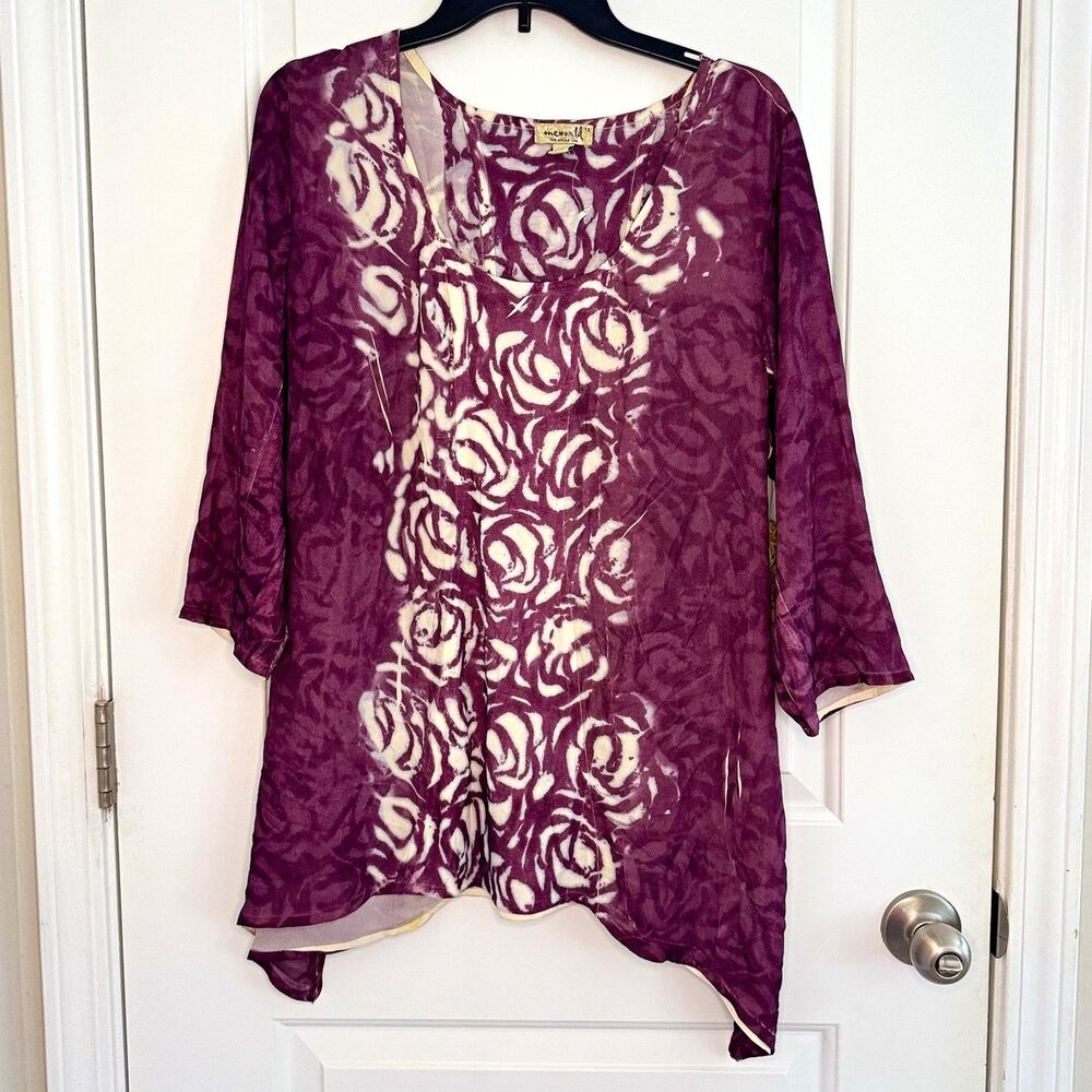 Vintage One World Women's Plus 1X Purple/White Floral Tunic Blouse 3/4 Sleeve RN